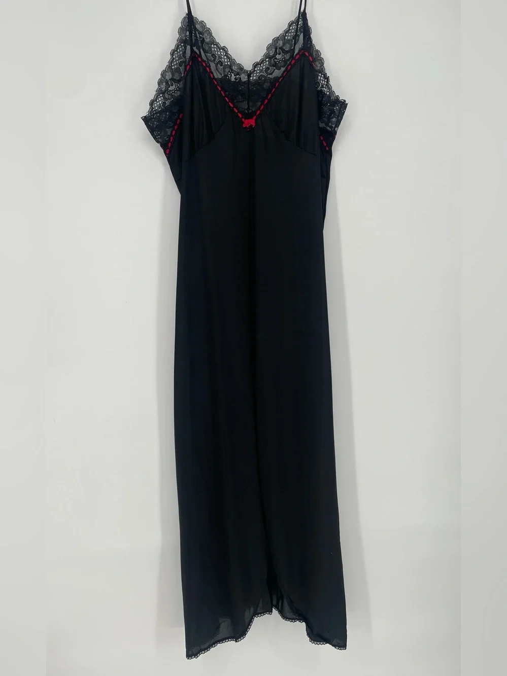 Vintage Black & Red Long Nylon Slip Nightgown Lace & Satin Ribbon Accents - Picture 1 of 13
